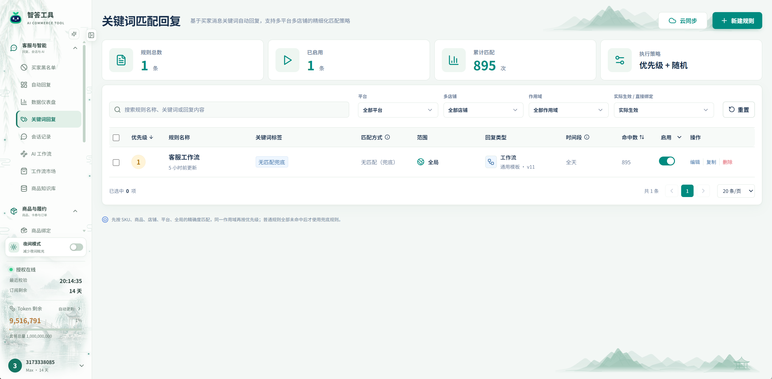 截图局部:左侧菜单 → 关键词回复